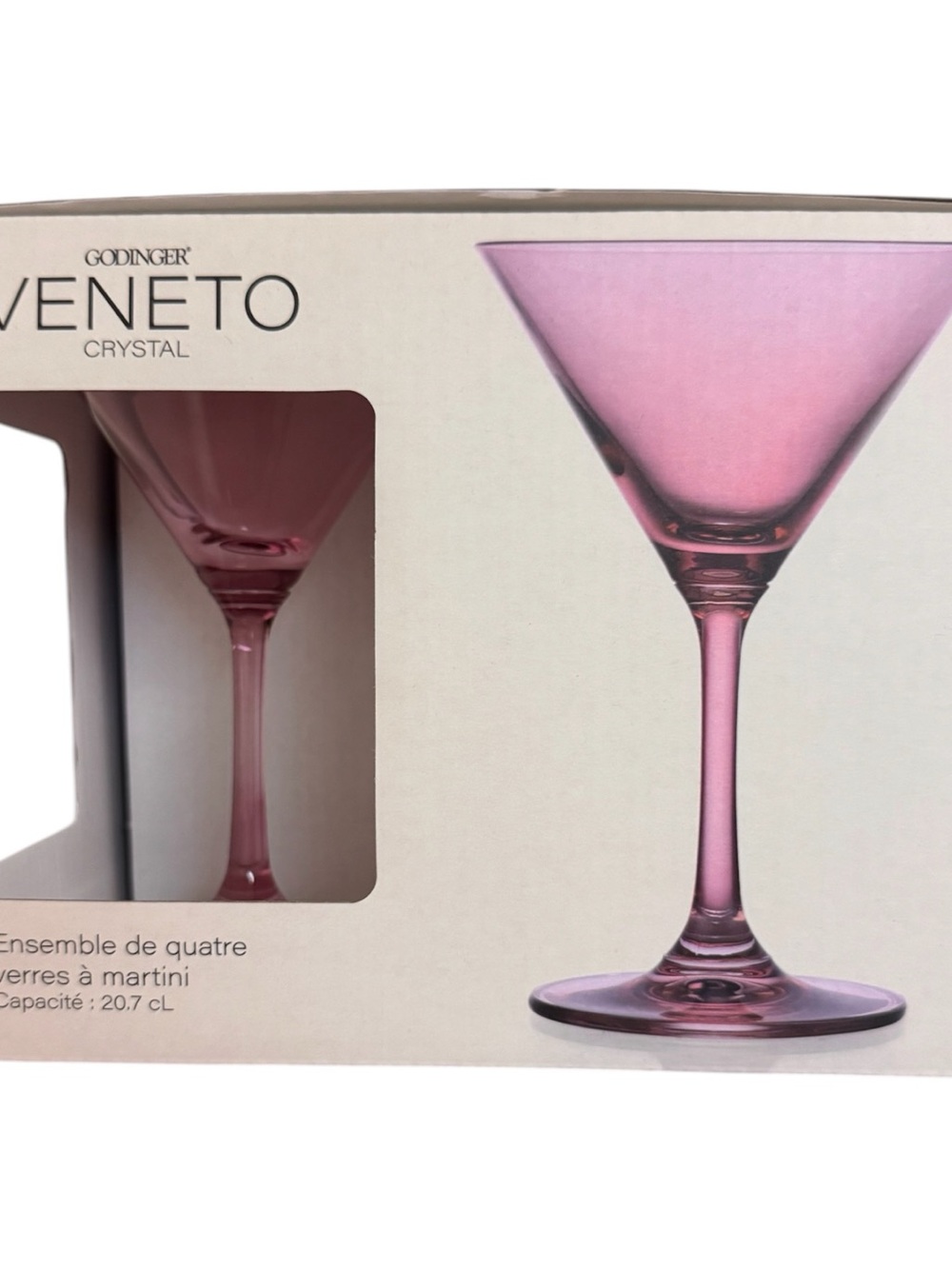 NIB Godinger 4 PC Pink Veneto Crystal Martini Glass Set